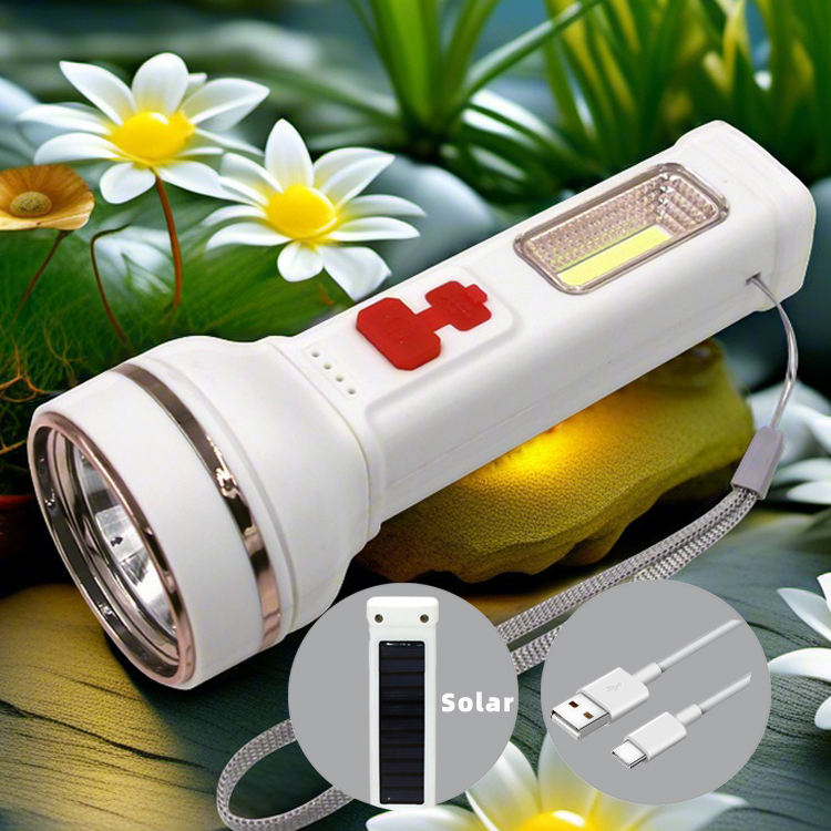 Solar Plastic ABS Torch COB Side Light Power Display Long Battery Life Flashlight Outdoor Tactical Flashlight With Tail Rope